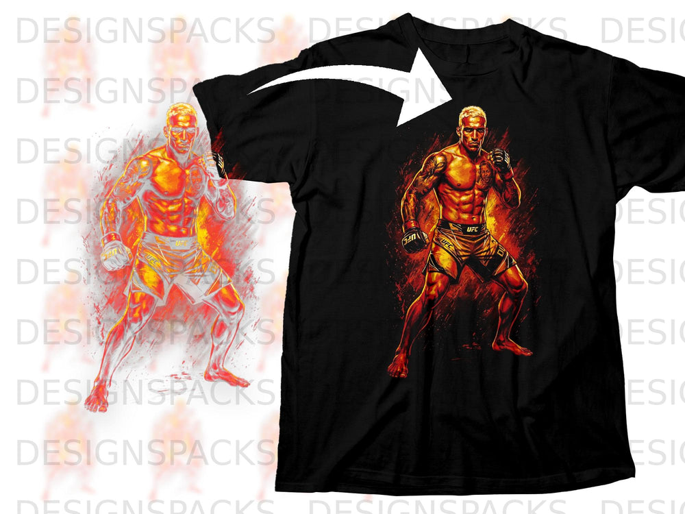 Black t-shirt with a fiery illustration of a fighter on the chest.