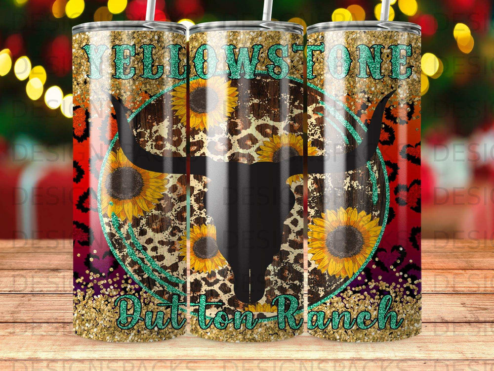 Yellowstone National Park themed tumbler with buffalo skull and sunflowers.