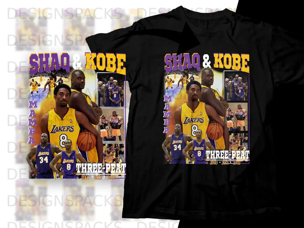 Shaquille O'Neal and Kobe Bryant Lakers "Three-Peat" graphic tee.