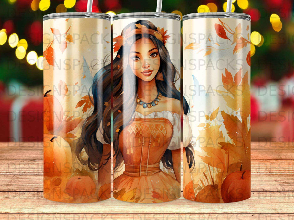 Tumbler with a woman in an orange dress surrounded by autumn leaves and pumpkins.