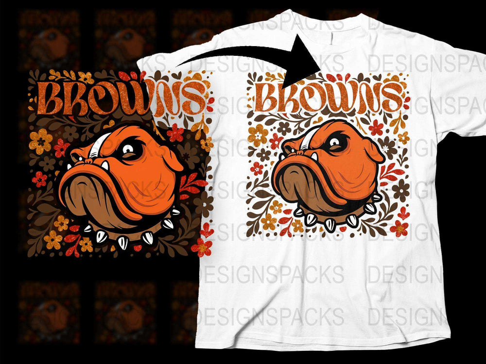 Bulldog Graphic T-Shirt, Floral Background, Browns Text, Unisex Casual Clothing, Animal Print Tee