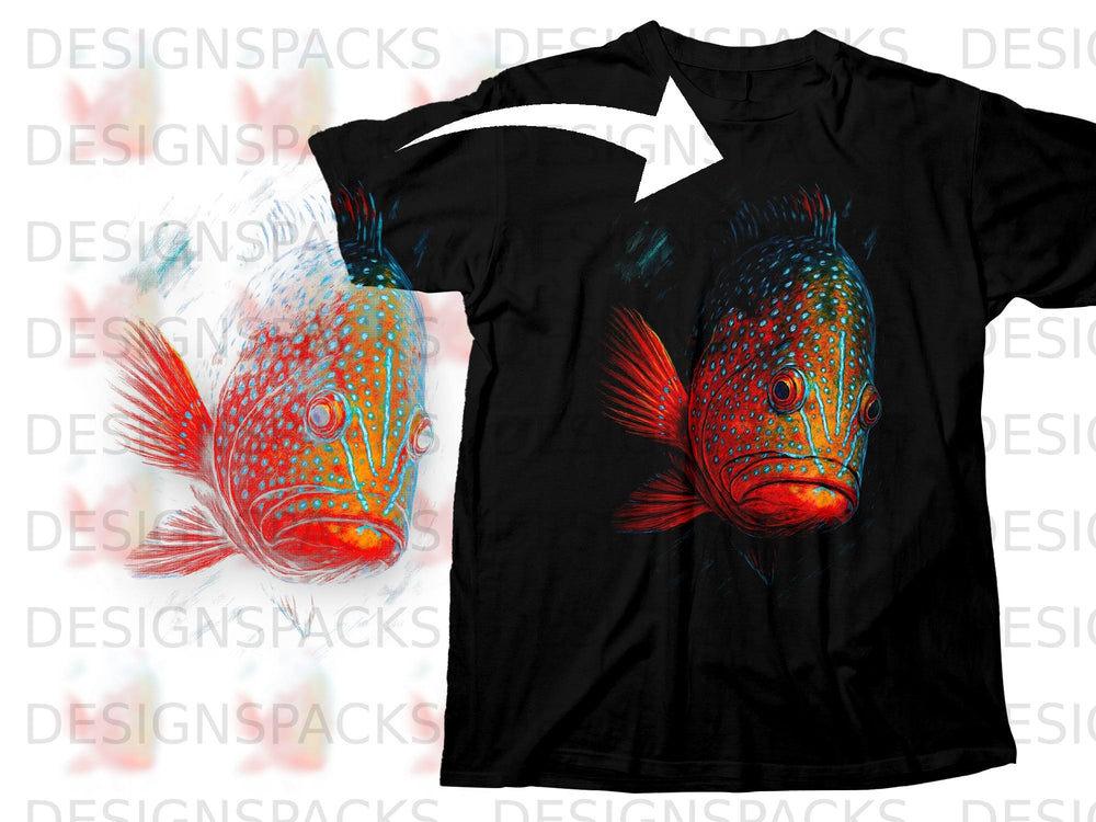 Black t-shirt with vibrant red and blue dotted fish graphic on the front.