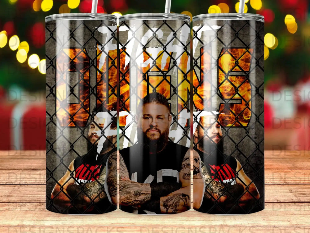 Kevin Owens wrestling tumbler with flames and chain-link fence design.