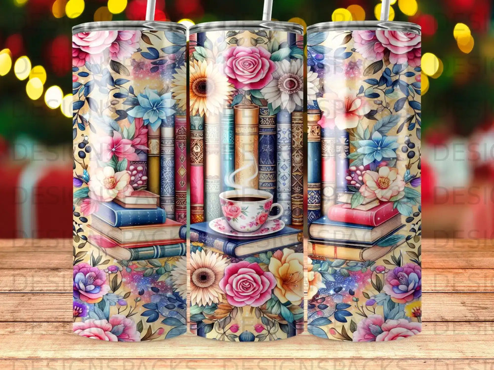 Tumbler with stacked books and floral designs, featuring a teacup.