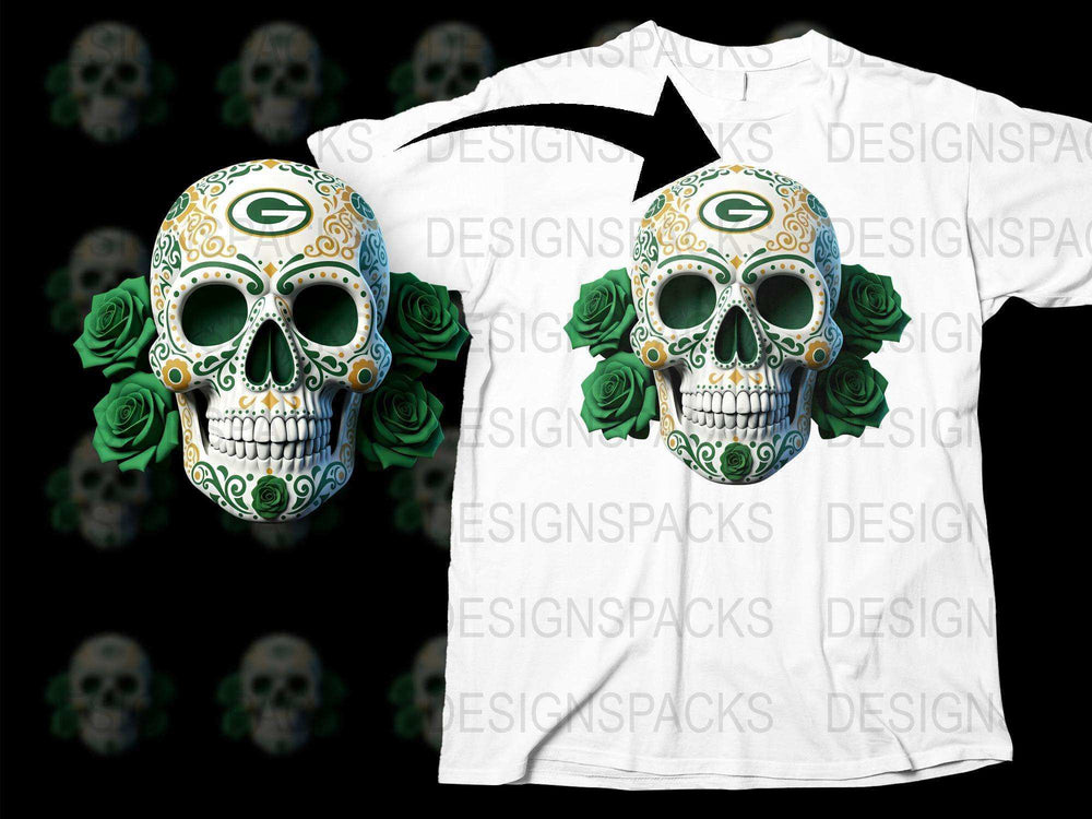 Sugar Skull T-Shirt with Green Roses, Day of the Dead Floral Tee, Gothic Fashion, Men's and Women's Sizes Available