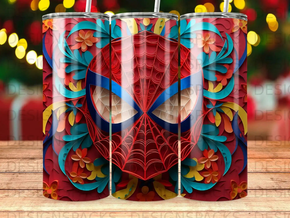Spiderman mask with red and blue floral design on a tumbler.