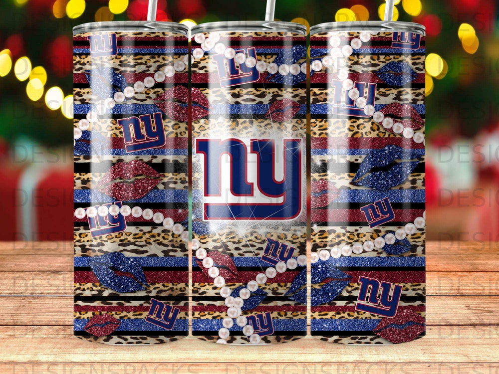 New York Giants logo on leopard print with pearls and lips, 20oz tumbler.