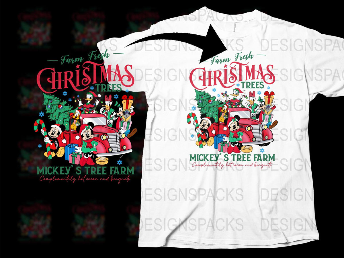 Vintage Christmas T-Shirt Featuring Mickey's Tree Farm, Cartoon Characters, Festive Holiday Apparel