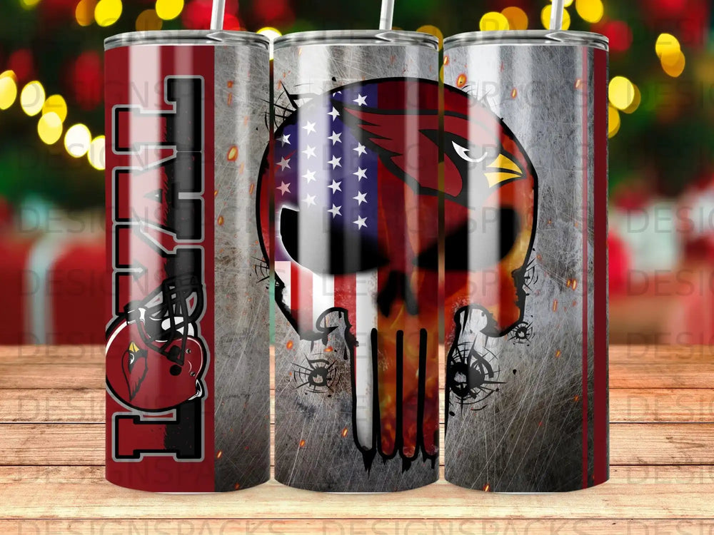 Two tumblers with Arizona Cardinals skull and flag design.