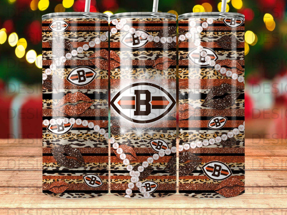 Black and orange leopard print tumbler with pearl necklace and "B" logo.