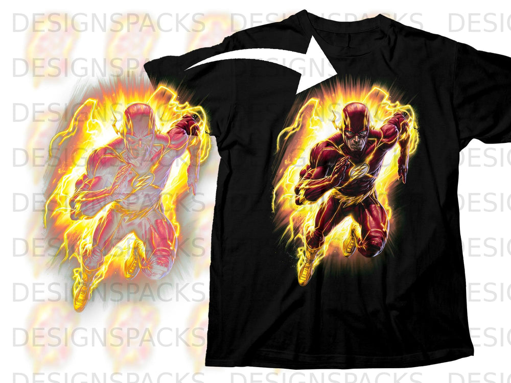 Black t-shirt featuring The Flash running with yellow lightning.