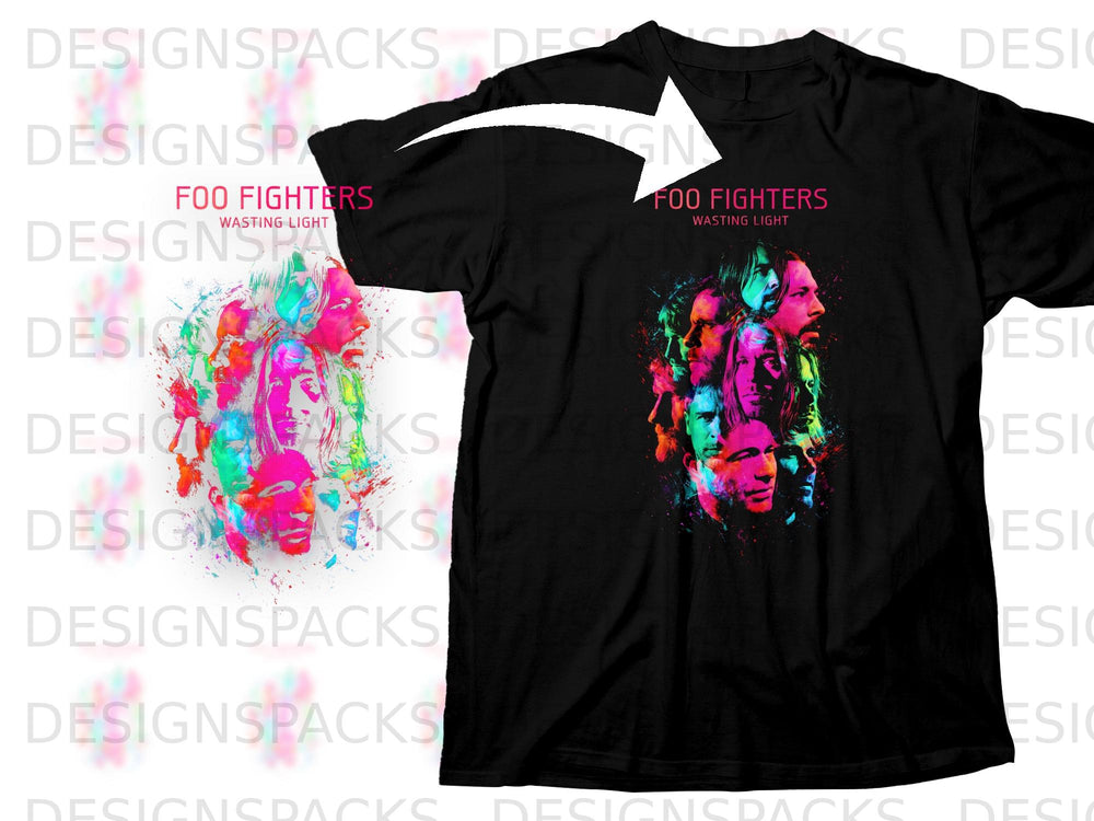 Black t-shirt with Foo Fighters Wasting Light album art featuring band members' faces.