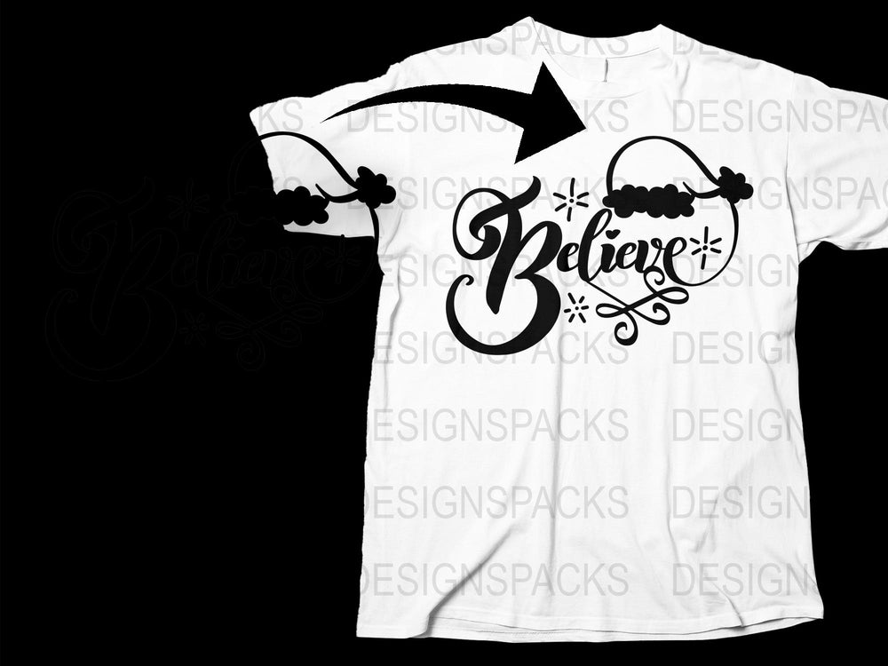 Believe Santa Sleigh Graphic T-Shirt, Christmas Holiday Festive Tee, Unisex Black and White Design