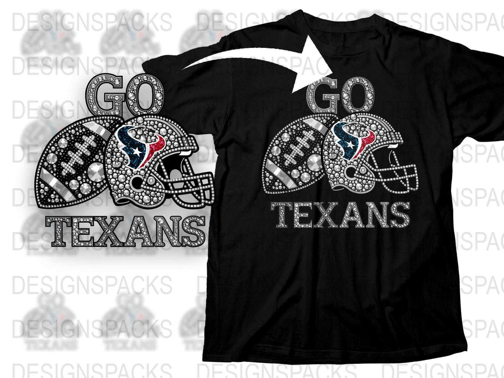 Houston Texans Rhinestone T-Shirt, Bling Football Helmets Design, Fan Apparel, Team Spirit Wear, Black Tee, Gift for Sports Fans