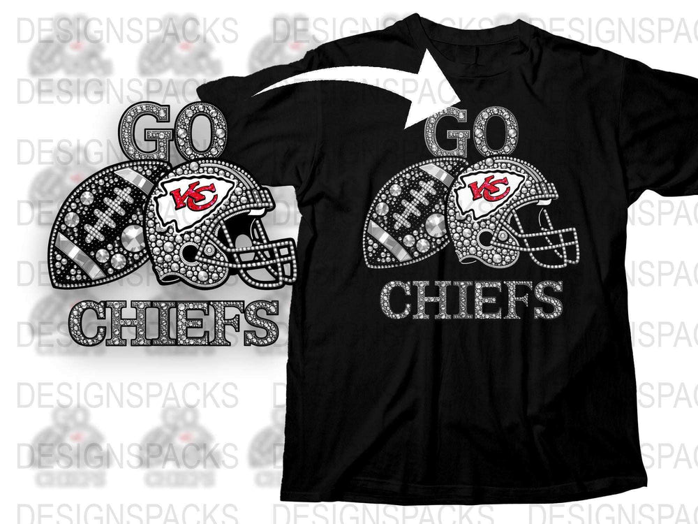 Kansas City Football Team Rhinestone T-Shirt, Sparkly Fan Gear, Sports Apparel, Black Tee, Chief Helmets Design, Gift for Fans