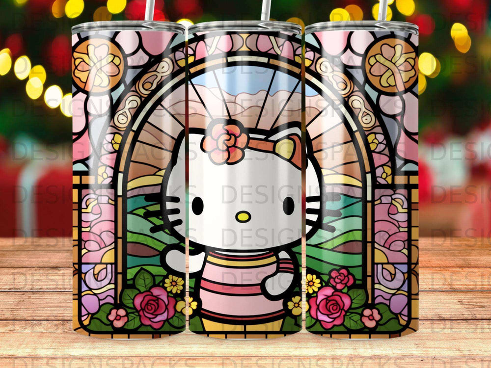 Hello Kitty on stained glass design tumbler with pink roses and arch.