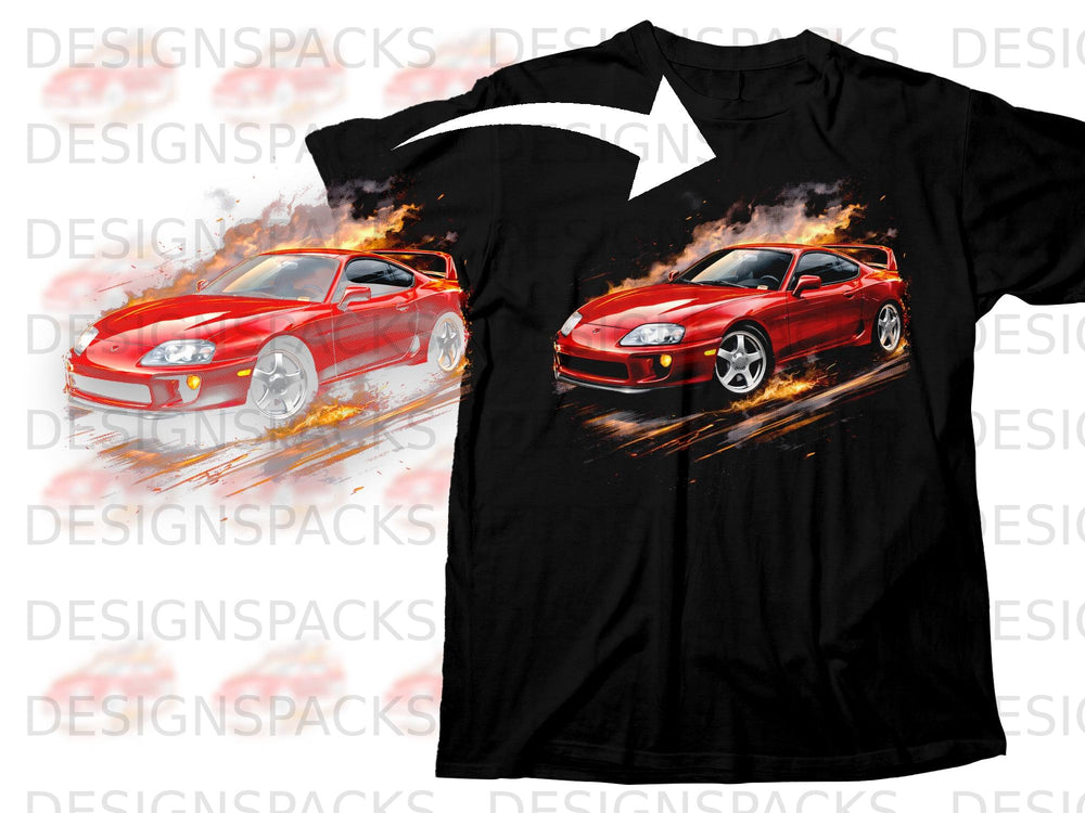 Black t-shirt with a red sports car surrounded by flames graphic.