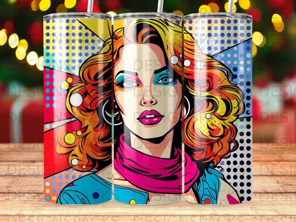 Pop art portrait of a woman with colorful hair and a pink scarf.
