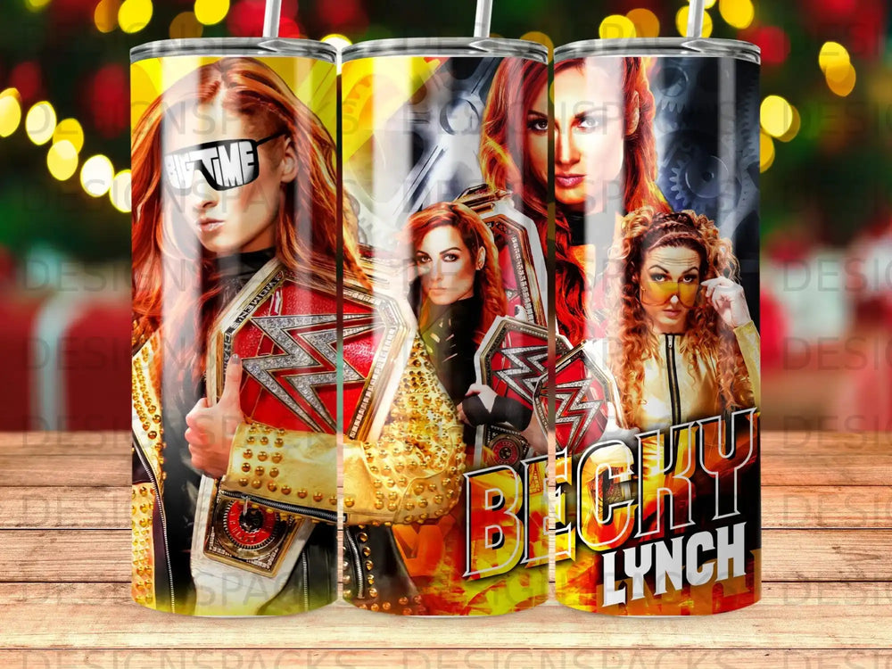 Becky Lynch in wrestling gear holding a championship belt, promotional tumbler design.