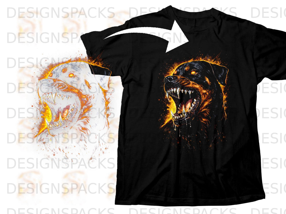 Black t-shirt with a fiery Rottweiler graphic on the front.