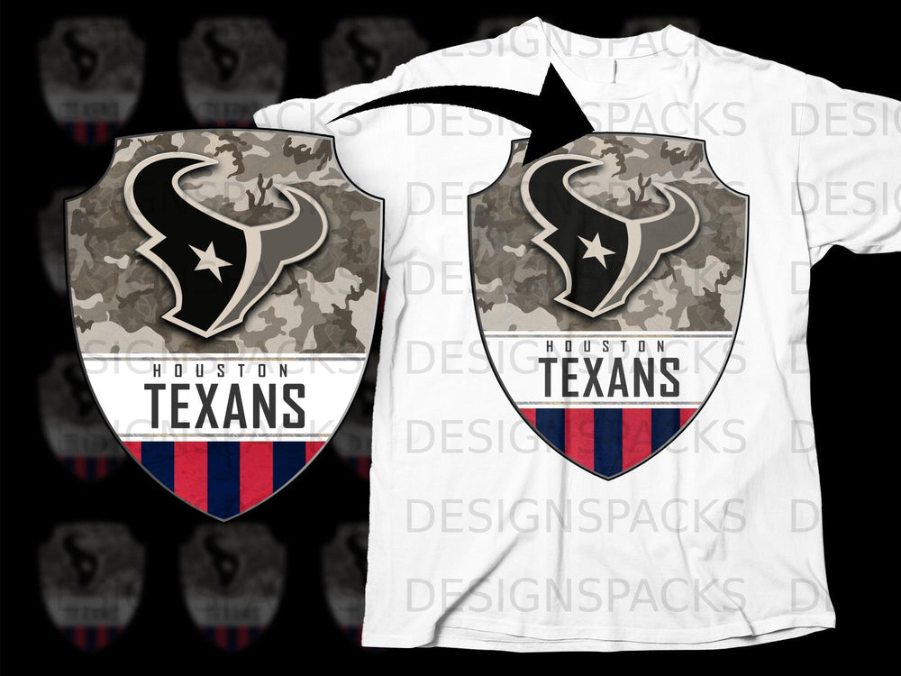 Houston Texans logo on camouflage shield with red and blue stripes below.
