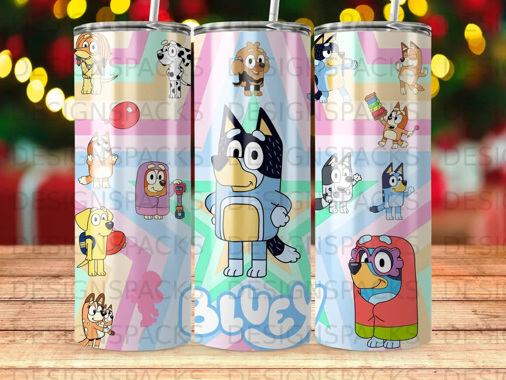 Bluey characters on a patterned background with text "Bluey".