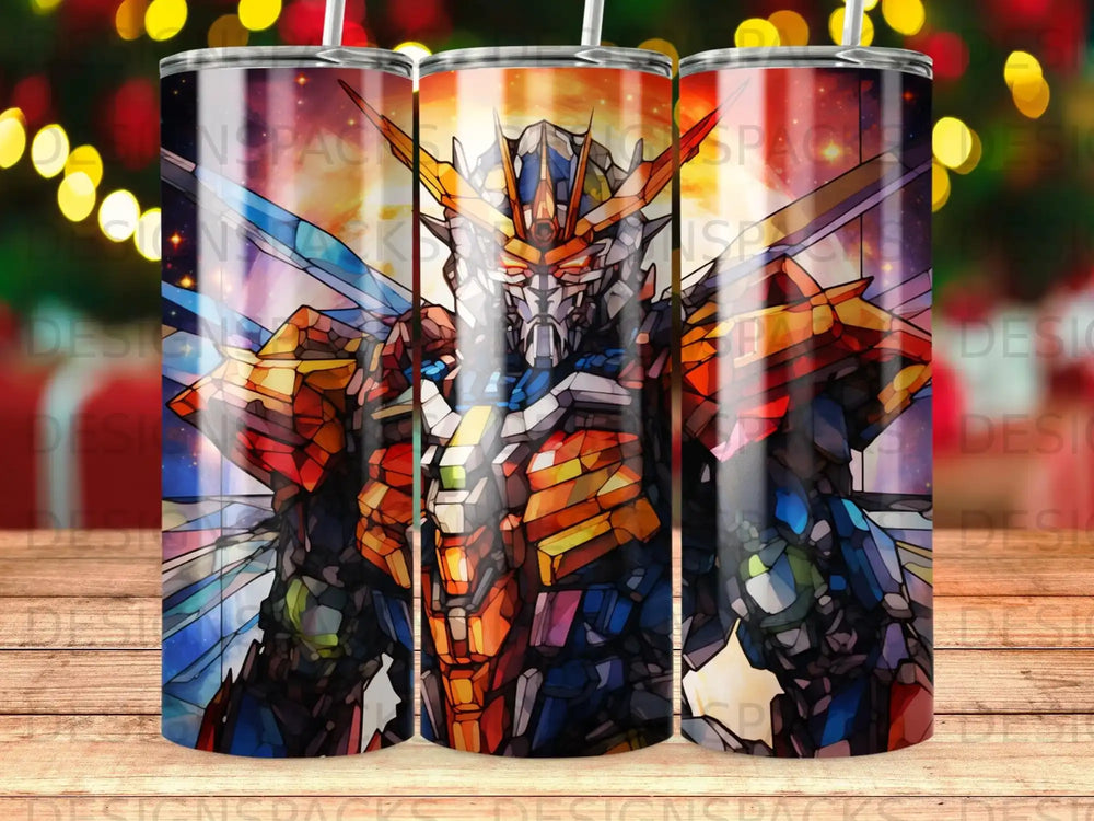 Gundam robot with stained-glass wings on a tumbler.