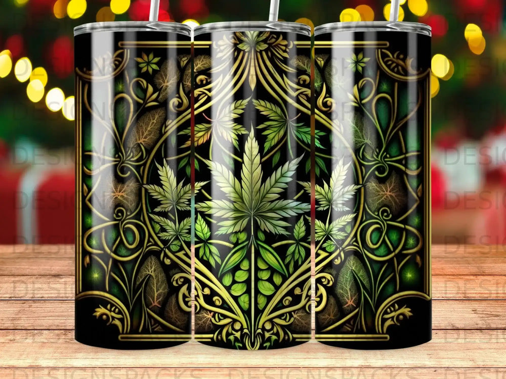 Cannabis leaf pattern on a black tumbler with gold accents.