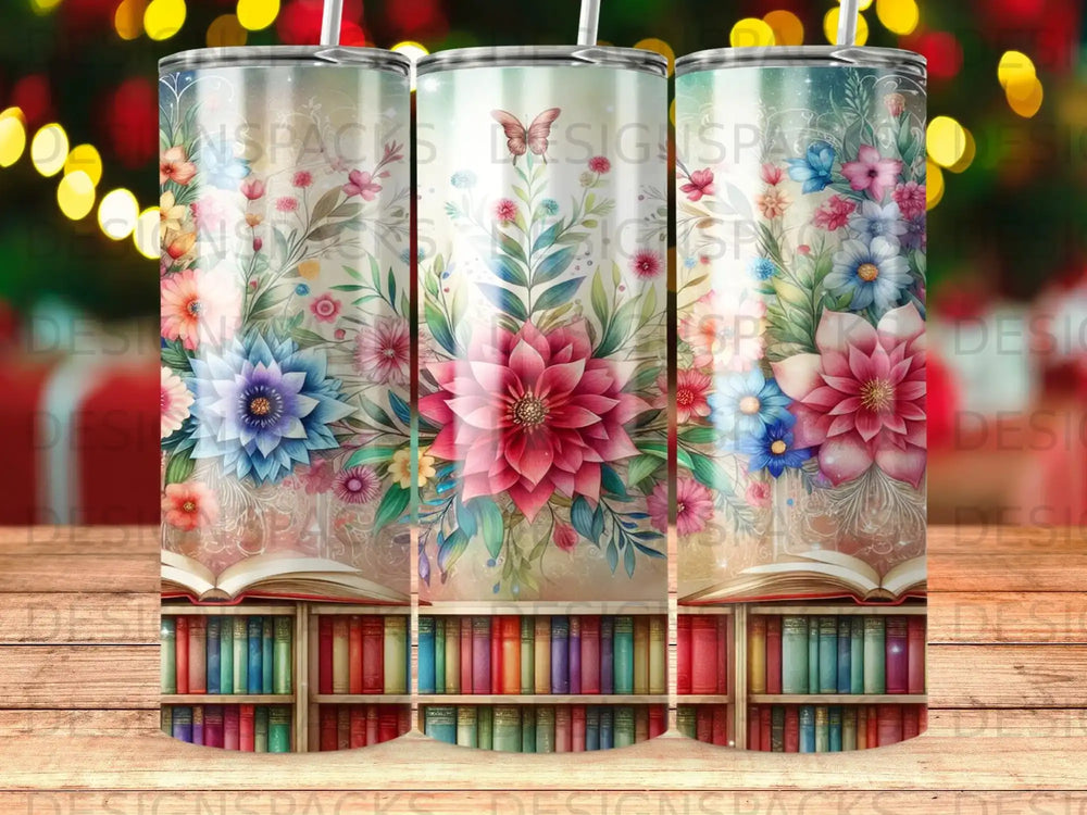 Floral bookshelf tumbler with butterfly and colorful book spines.