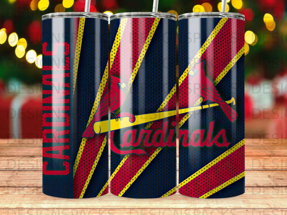 St. Louis Cardinals tumbler with team logo and red and yellow stripes.