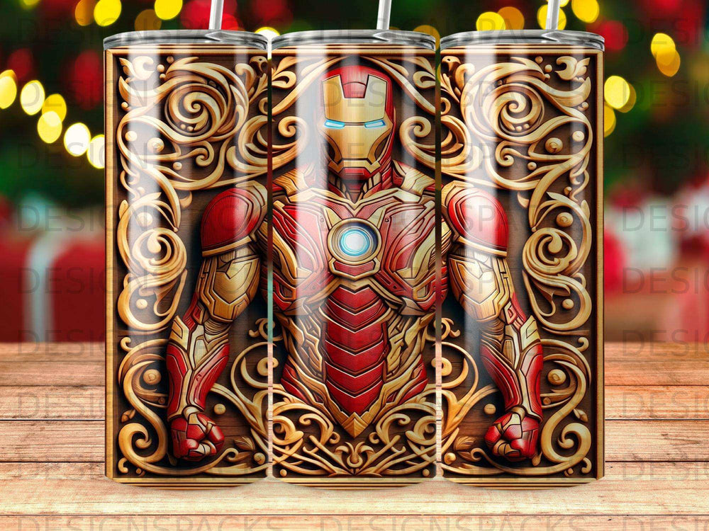 Iron Man armor design on a wood grain background with ornate gold scrolling.
