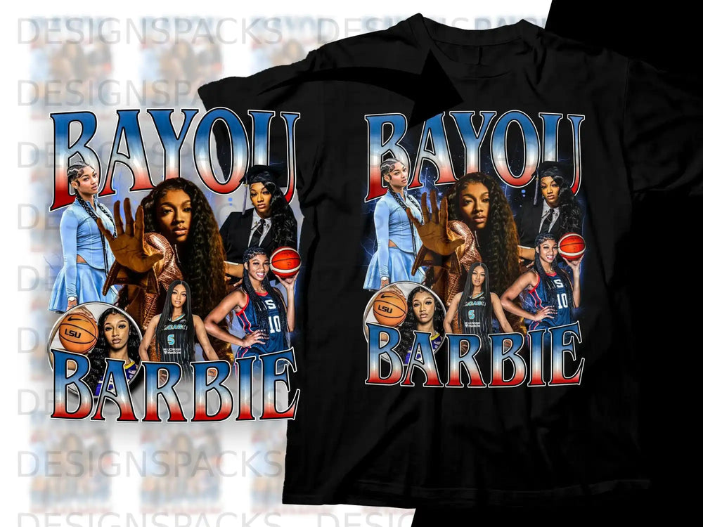 Black t-shirt graphic featuring "Bayou Barbie" with basketball players and a Barbie logo.