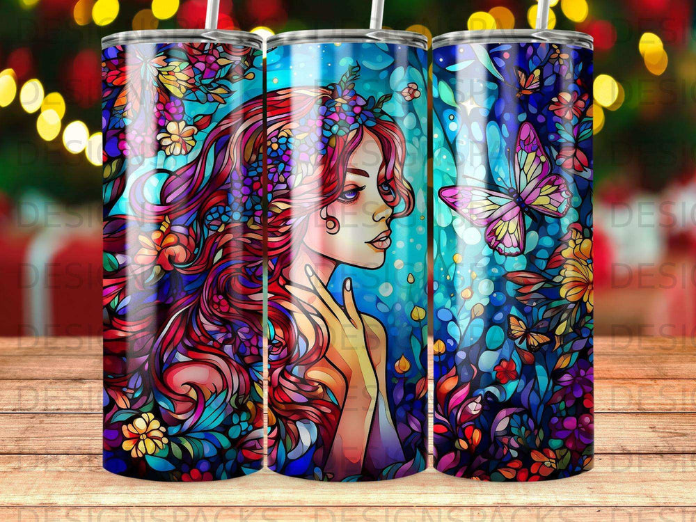 Woman with vibrant, flowing hair and flowers, butterfly, in a colorful, illuminated scene.