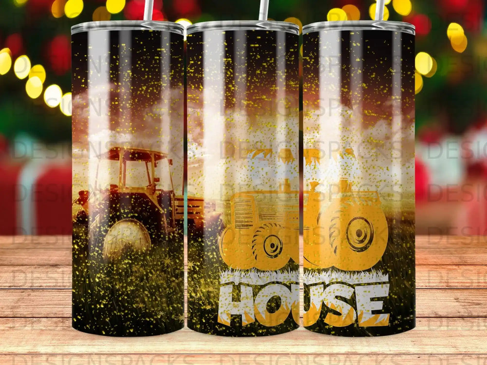 Tumbler with tractor, pumpkins, and "HOUSE" text against a sunset field.