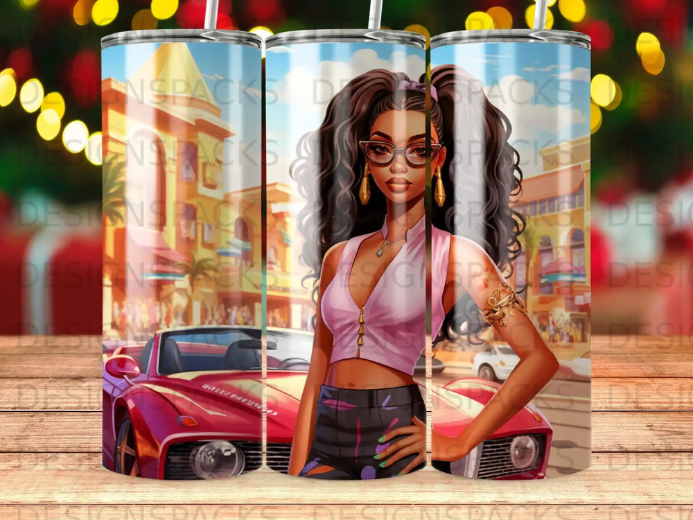Woman in crop top and shorts posing by red convertible, city background.