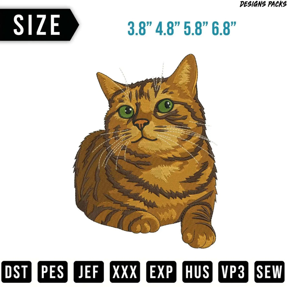 Embroidery design of a brown tabby cat with green eyes.