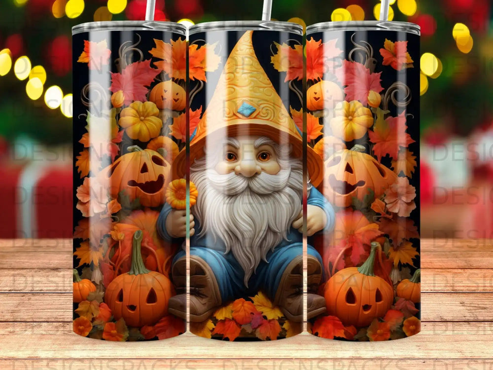 Gnome in fall foliage, pumpkins, and gourds on a tumbler.