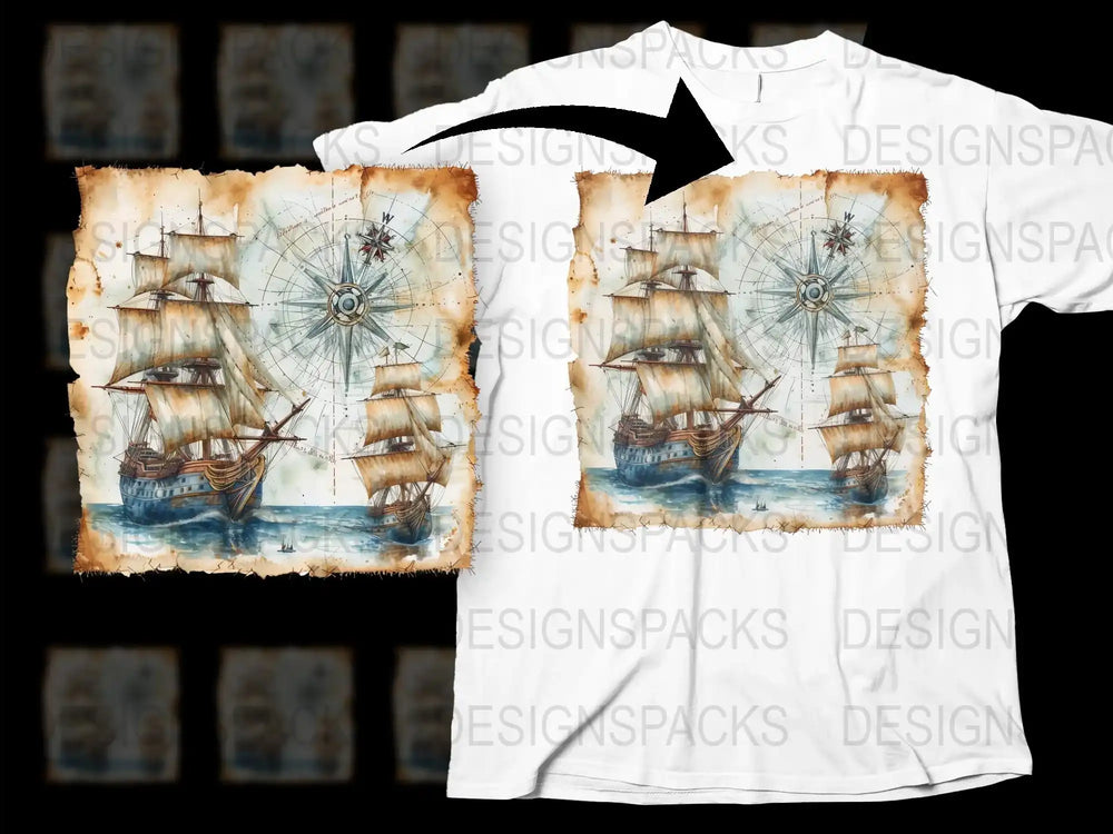 Vintage Nautical Ship T-Shirt, Old Map Print Tee, Men's Graphic T-Shirt, Maritime Explorer Design