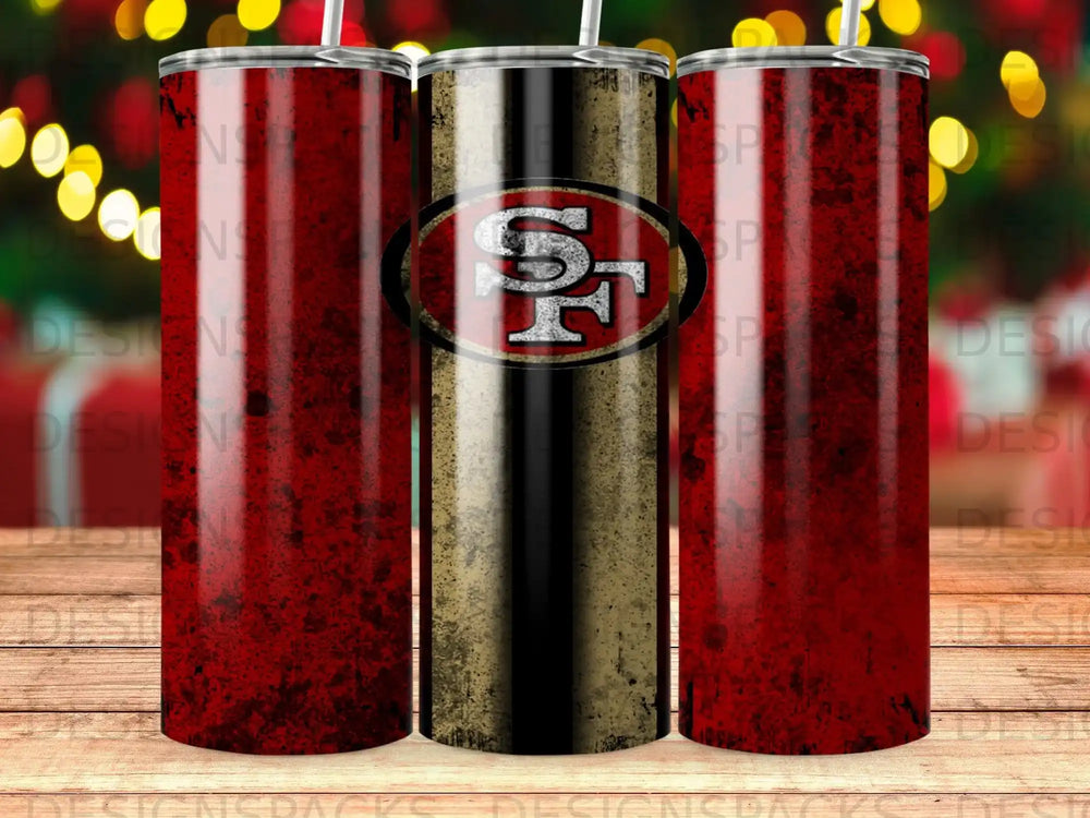 San Francisco 49ers logo tumbler with red and gold distressed design.