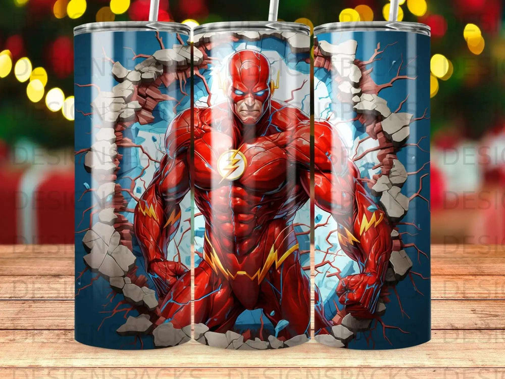 The Flash superhero bursts through a cracked wall, glowing with energy.