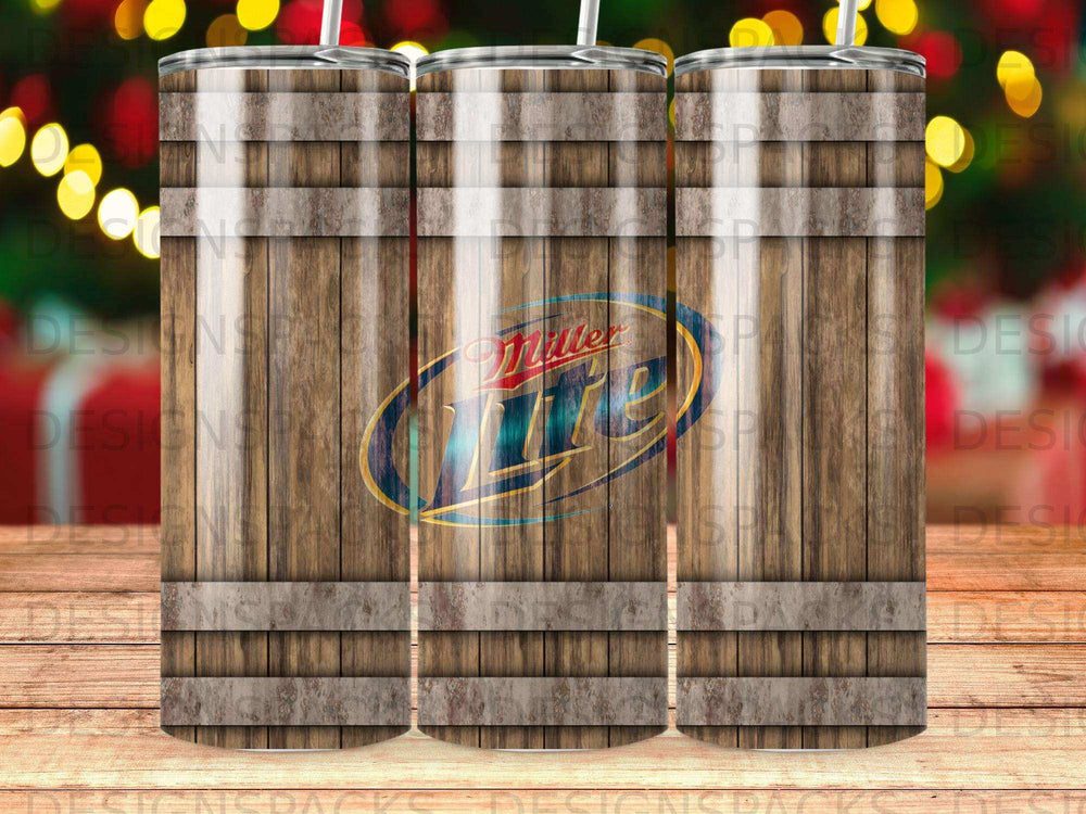 Miller Lite logo on a rustic wooden barrel tumbler.