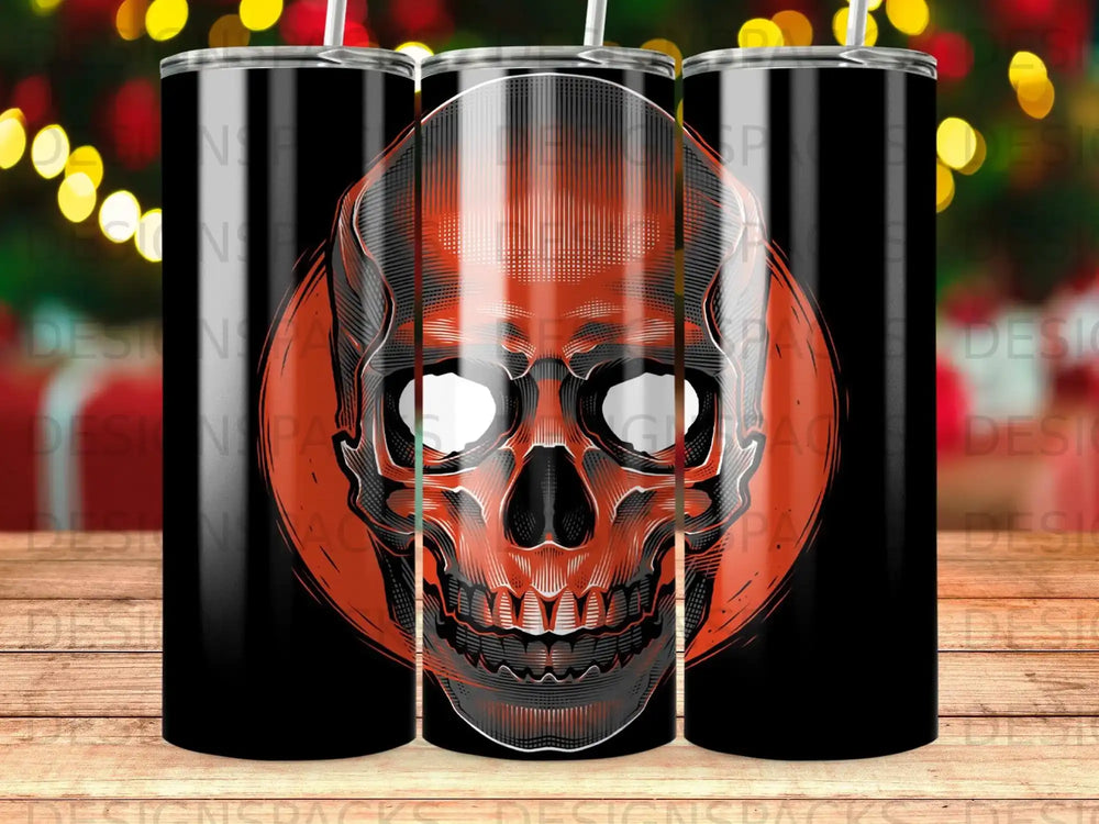 Black tumbler with a red and black skull design.