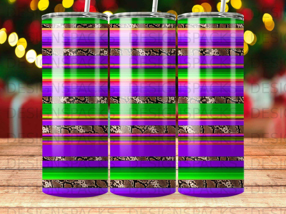 Tumbler with horizontal stripes of purple, green, and snake print.
