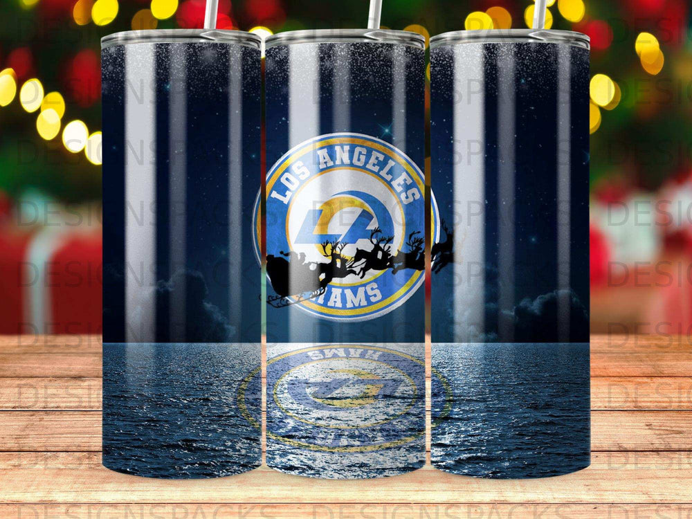 Los Angeles Rams logo with starry sky and water reflection.