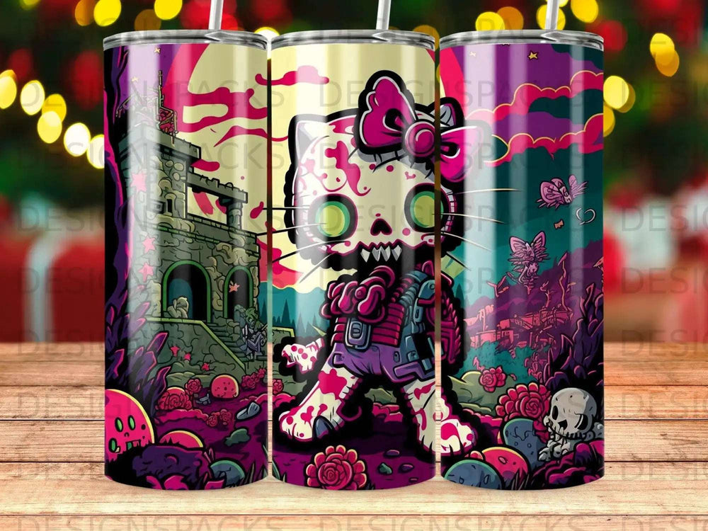 Halloween cat with backpack and skull bow in front of a spooky castle.