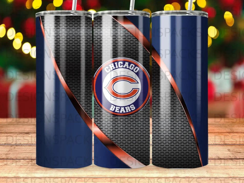 Chicago Bears logo on a black and blue patterned tumbler.