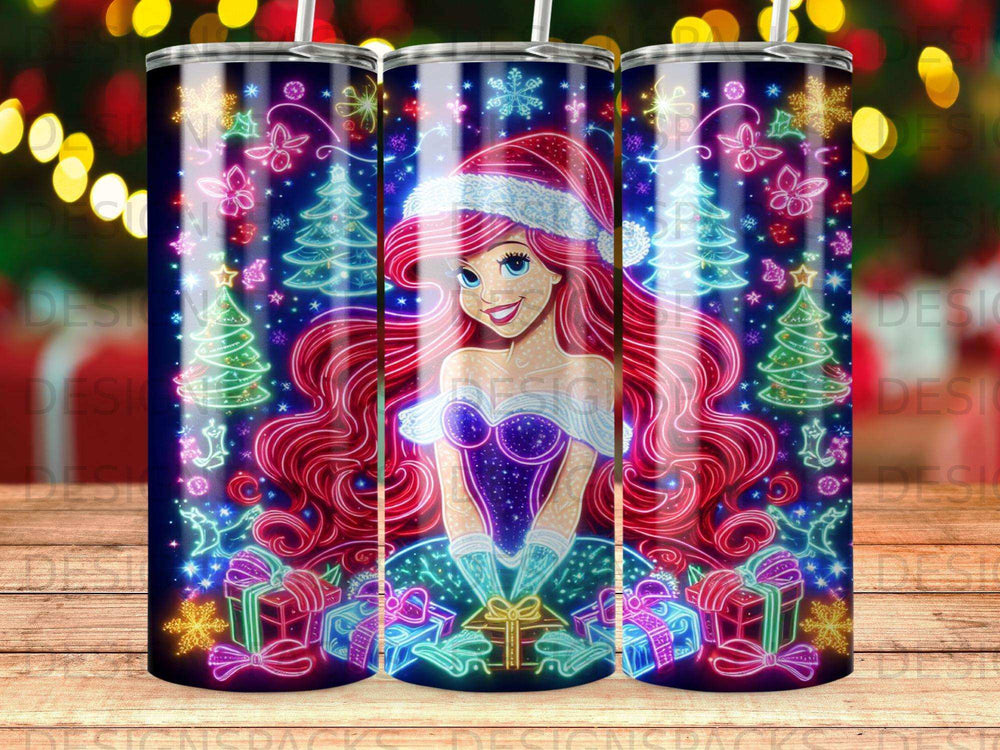 Ariel with flowing red hair and Santa hat surrounded by Christmas lights and gifts.