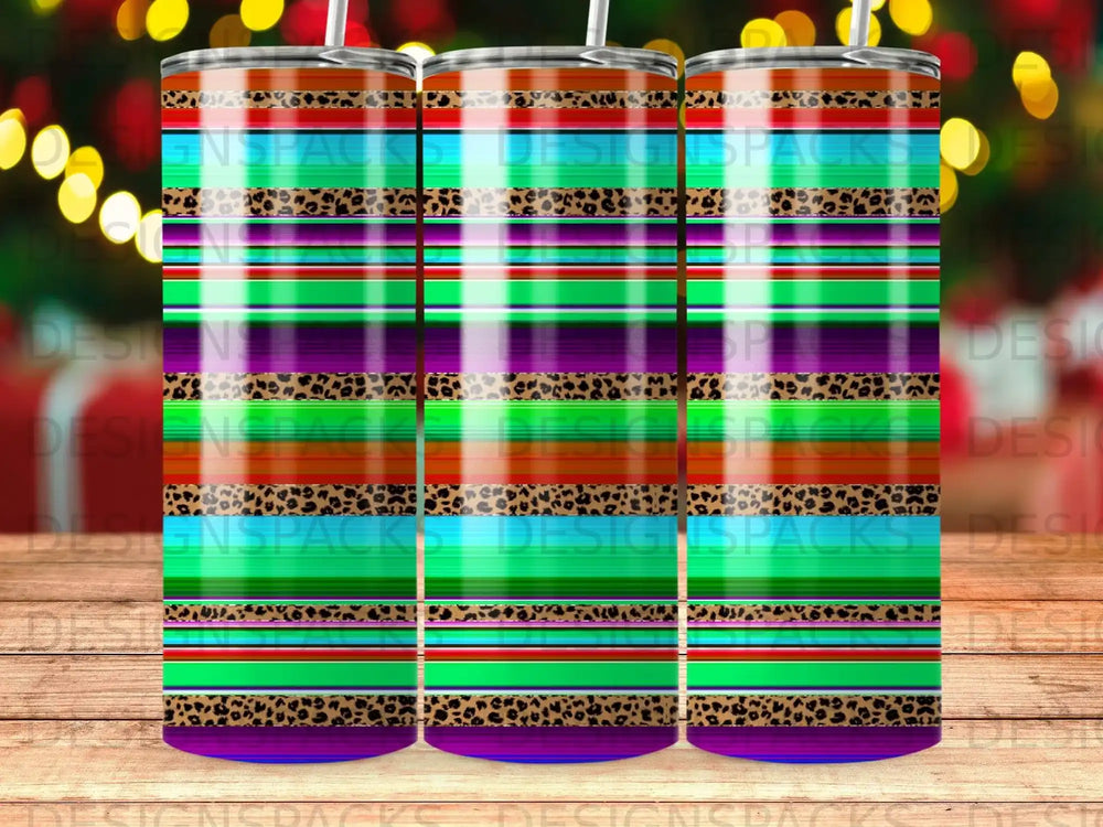 Tumbler wrap with colorful stripes and leopard print pattern.