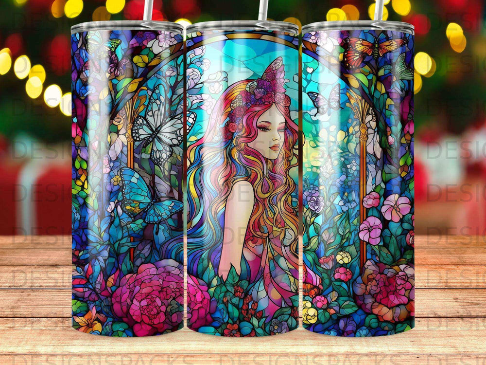 Woman with flowing hair and butterflies in a stained glass floral design.