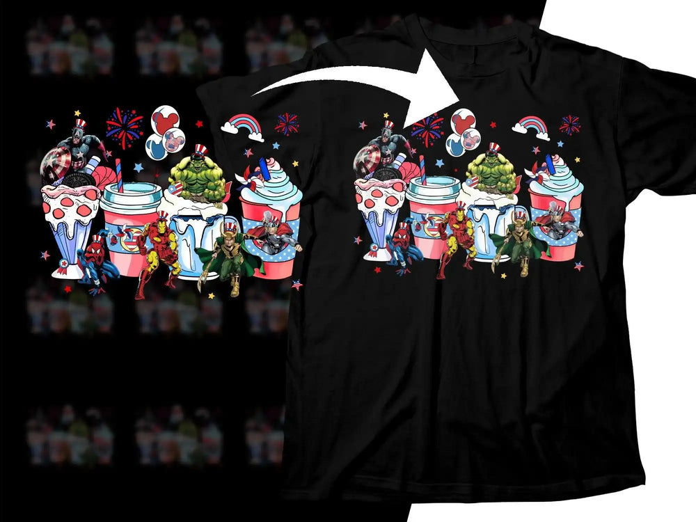 Superhero-themed t-shirt with Avengers in patriotic milkshakes and cupcakes, perfect for DTF/DTG printing.